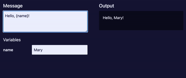 Adding runtime variables to a translation message and providing values for them.