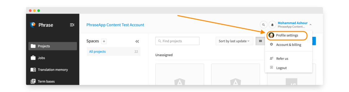 The account dropdown on the main Phrase account page