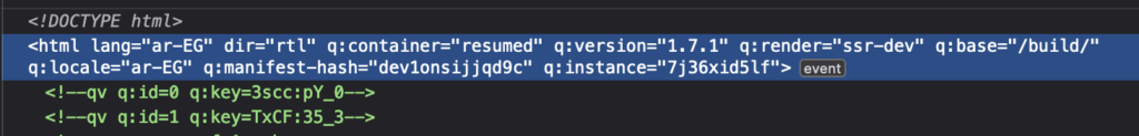 Screenshot of the browser inspector DOM view showing the HTML element with attributes: lang="ar-EG", and dir="rtl".